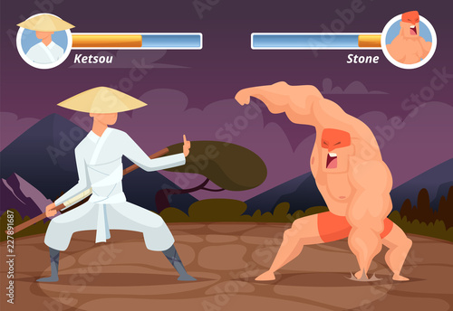 Game fighting. Screen location of computer 2D gaming asian fighter vs wrestler luchador vector background. Video game screen app, battle and combat player illustration