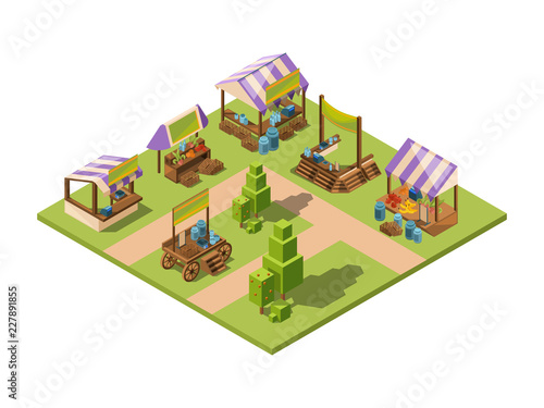Outdoor food market. Isometric local farm grocery marketplaces with vegetables fruits meat and fish farmers country store vector. Farm market shop, area agriculture grocery store illustration