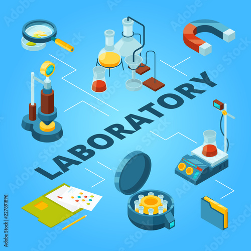 Science laboratory isometric. Biology or pharmaceutical lab with scientist workers vector 3d concept. Illustration of research chemistry, scientific isometric laboratory