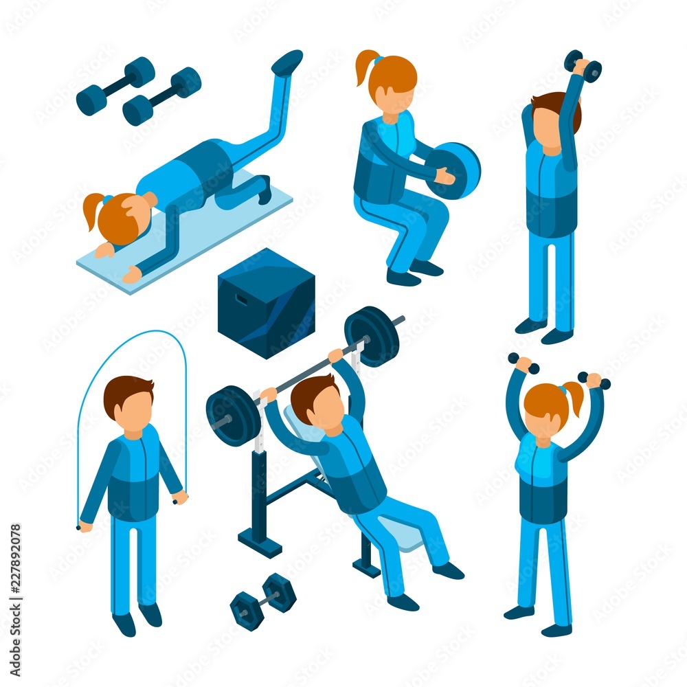 People in gym. Sport characters making cardio strength body pump exercises in fitness center vector illustrations. Woman and man exercise training, equipment for sport gym and fitness People in gym. Sport characters making cardio strength body pump exercises in fitness center vector illustrations. Woman and man exercise training, equipment for sport gym and fitness