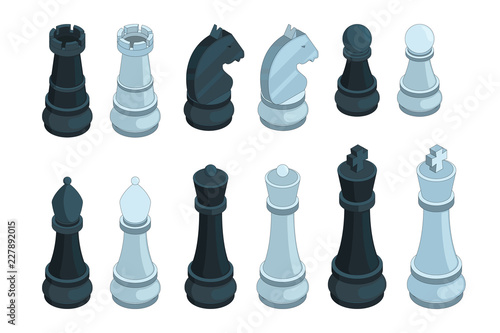 Chess isometric. Board game figures piece queen bishop strategy vector 3d pictures set isolated. Illustration of chess game, piece and bishop, pawn isometric and knight