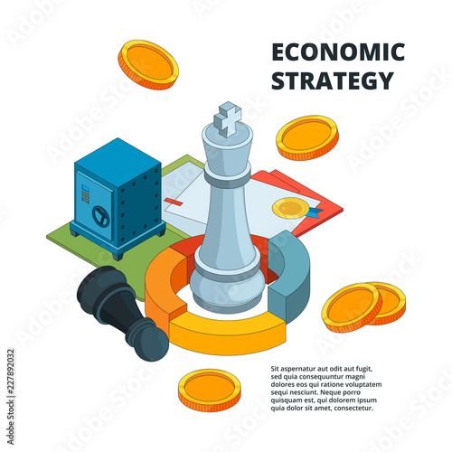 Business strategy concept. Corporate success planning and management symbols new level target chess figures vector isometric. Isometric chess king, plan intelligence financial illustration