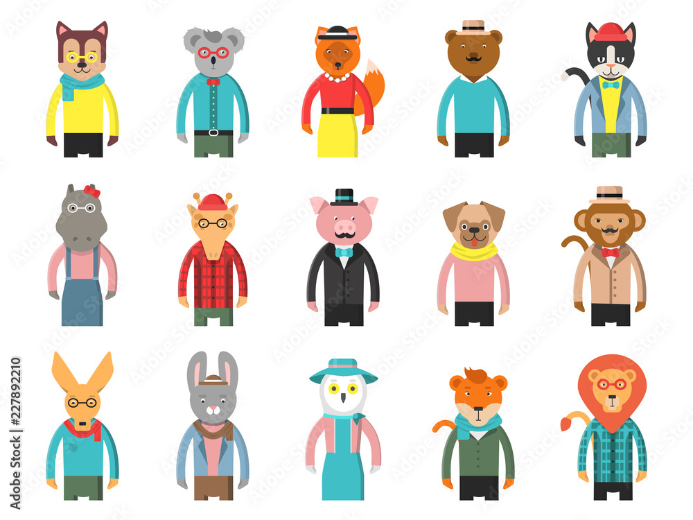 Zoo characters hipsters. Cartoon animals front view game avatars of fox bear dog giraffe owl cat and others vector mascots. Hipster wild animal, cat and monkey, lion and tiger illustration Zoo characters hipsters. Cartoon animals front view game avatars of fox bear dog giraffe owl cat and others vector mascots. Hipster wild animal, cat and monkey, lion and tiger illustration