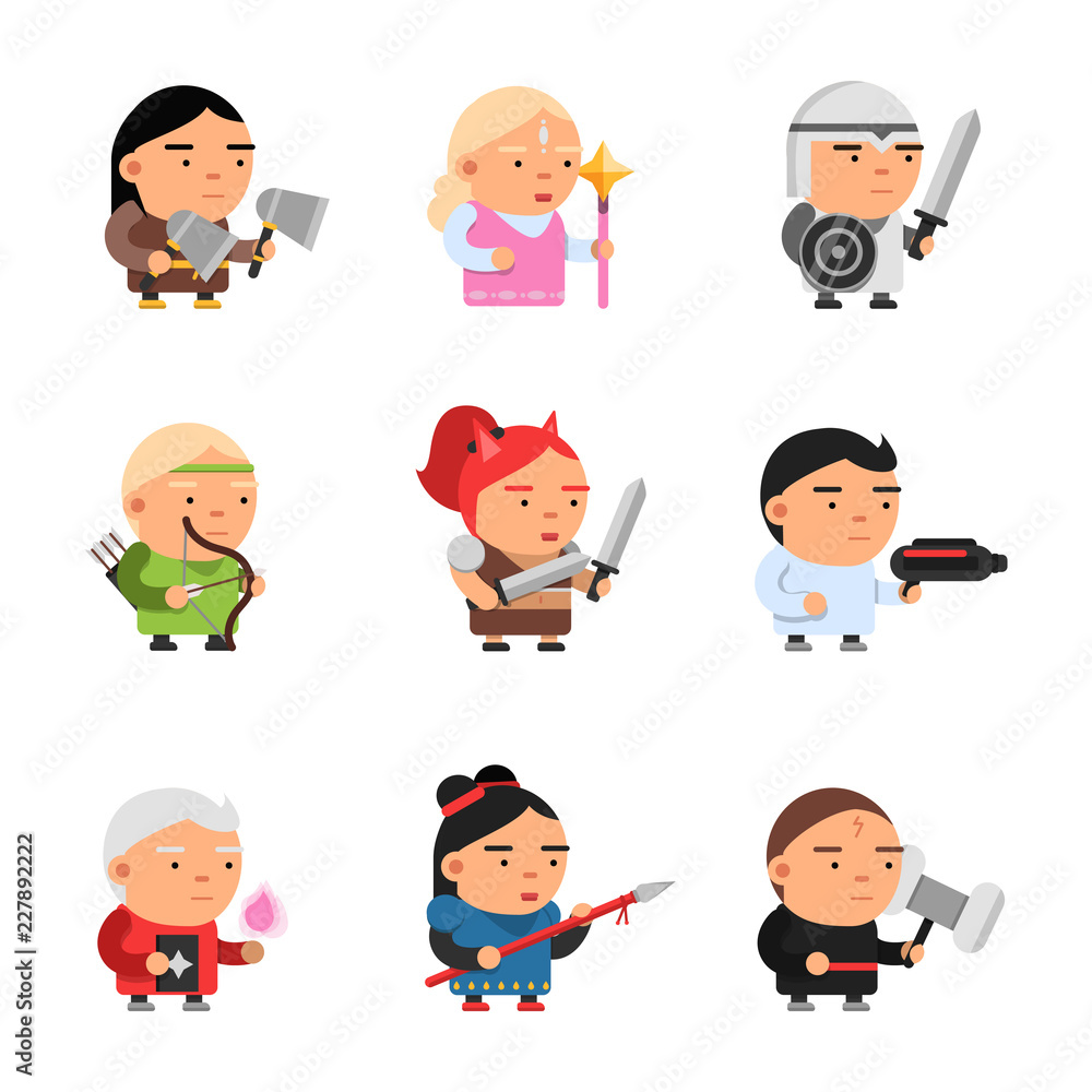 Game fantasy characters. Computer 2d gaming fairy tale mascot sprite cartoons knight soldiers elf rpg shooter vector. Illustration of character cartoon game knight and magician Game fantasy characters. Computer 2d gaming fairy tale mascot sprite cartoons knight soldiers elf rpg shooter vector. Illustration of character cartoon game knight and magician