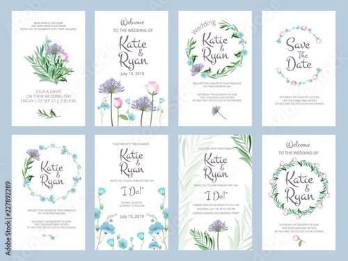 Invitation cards. Wedding floral placards love greeting beauty frames vector illustrations with place for your text. Illustration of invitation card wedding with floral decoration