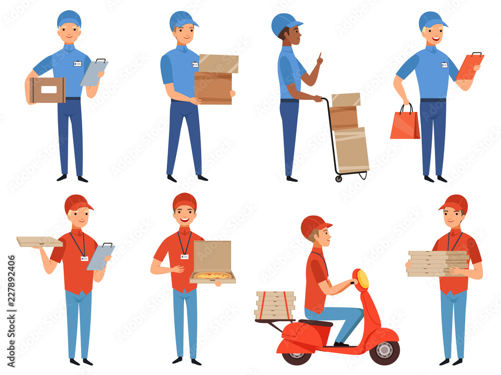 Pizza courier characters. Fast food deliver working in various action poses vector mascot design in cartoon style. Illustration of pizza service courier, fast delivery scooter