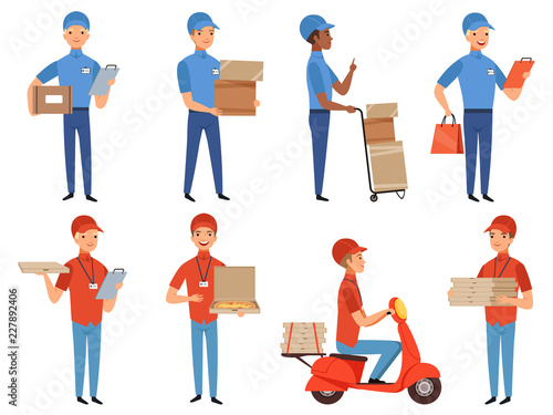 Pizza courier characters. Fast food deliver working in various action poses vector mascot design in cartoon style. Illustration of pizza service courier, fast delivery scooter