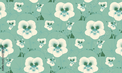 exotic flower field seamless pattern in ivory green shades
