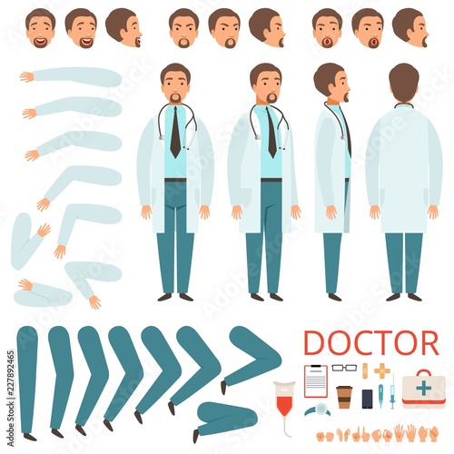 Male doctor animation. Hospital staff character body parts legs arms clothes healthcare items vector collection. Character medical animation, medicine doctor illustration