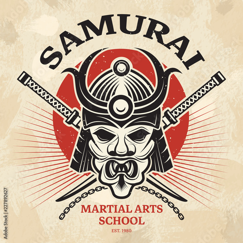 Japanese martial poster. Agressive asian warrior mask for armor helmet cordage katana sword vector placard design. Illustration of warrior samurai, mask asian ninja