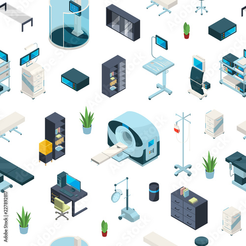 Vector isometric hospital icons pattern or background illustration. Illustration of x-ray and mri device 3d