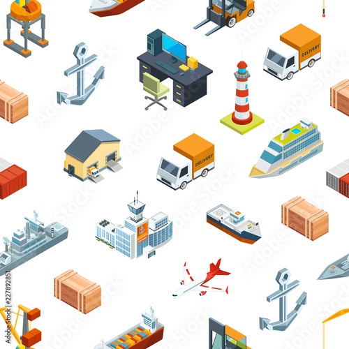 Vector isometric marine logistics and seaport pattern or background illustration. Transportation seaport, freight container