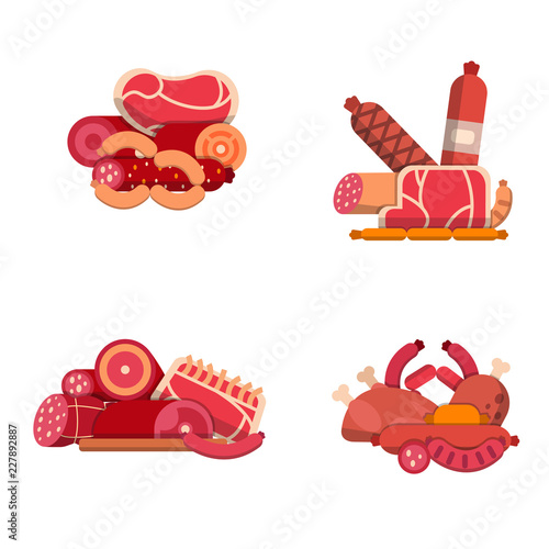 Vector flat meat and sausages icons piles set isolated on white background illustration. Ssausage and ham, sirloin and pork