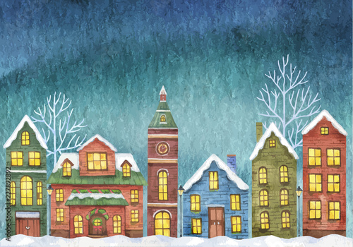 Winter vector illustration with houses on night sky background.
