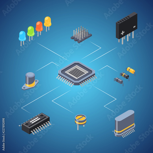 Vector isometric microchips and electronic parts icons infographic concept illustration. Chip and microchip, microprocessor and semiconductor