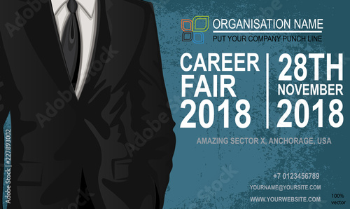 Career fair flyer & poster. Job offer vector EPS 10 isolated on white background. The choice of the best suited employee. Businessman costume as a symbol of chosen one by the recruiter.