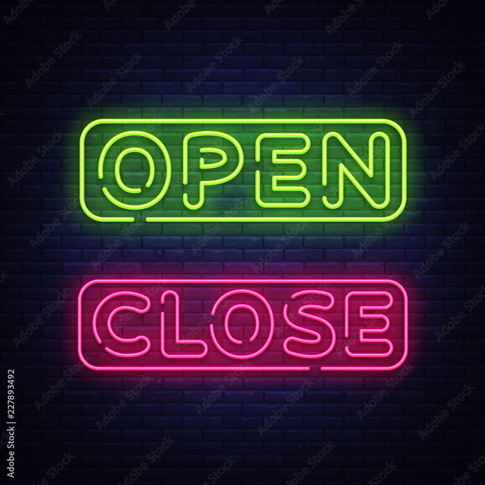 Open Close Neon Text Vector. Open Close neon signboard, design template, modern trend design, night neon signboard, night bright advertising, light banner, light art. Vector illustration