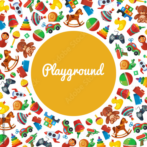 Toys playground. Teddy bear tipper pyramid tumbler snail machine bucket whirligig pattern template for kids playground vector
