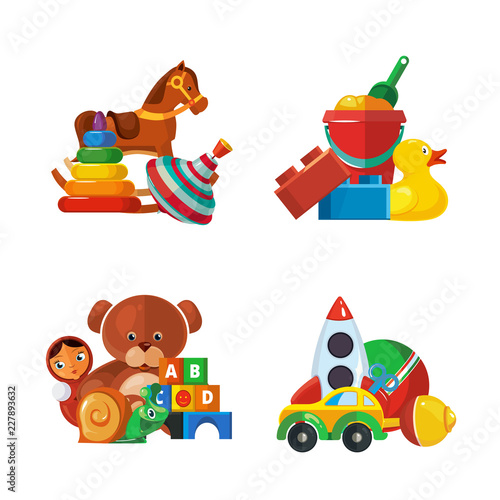 Toys presents. Teddy bear tipper pyramid tumbler snail machine bucket whirligig educational funny game items for kids vector toys collection