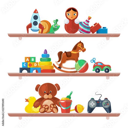 toys on shelves. merchandise for kids teddy bear tipper pyramid tumbler snail machine bucket whirligig games for children