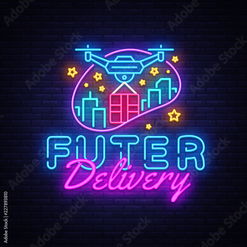 Drone Fast Delivery neon sign vector design template. Future Delivery concept neon logo, light banner design element colorful modern design trend, night bright advertising, bright sign. Vector