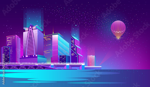 Vector concept background with night city illuminated with neon glowing lights. Futuristic cityscape in blue and violet colors, panorama with modern buildings, skyscrapers on waterfront, urban skyline