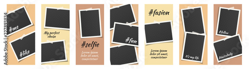 Editable Instagram Stories Template Fashion Beige Set with Photo Frames and White Adhesive Tapes, Stickers. Vector mock up, App Story Collection.