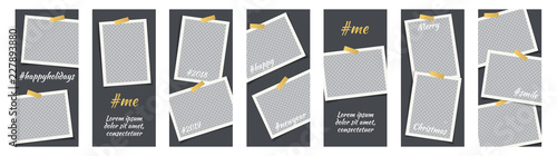 Editable Instagram Stories Template Set with Photo Frames and Adhesive Tapes, Stickers. Vector mock up, Story Collection.