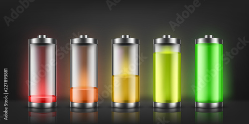 Vector set of battery charge indicators with low and high energy levels isolated on background. Full charged and discharged accumulators with colorful glow. Icons for gadget interfaces, mobile apps
