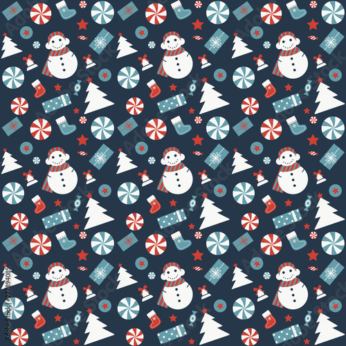 Christmas seamless pattern with snowman, Xmas tree, candies, gift stocking and jingle bells. Vintage Christmas ornament with winter holiday decorative elements for fabric and gift wrapping paper.