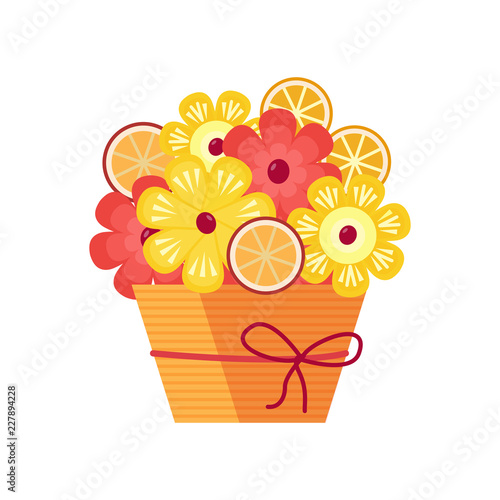 Exotic fruit bouquet with berries and fruits compositions carved as flowers. Romantic vegan gift.