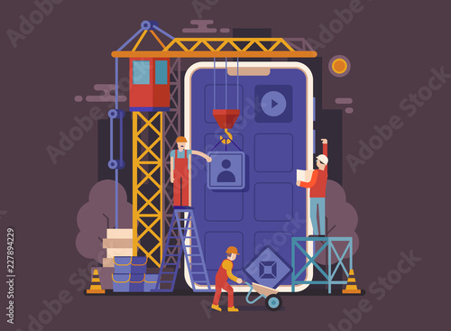 Application development UI illustration in flat design. Mobile app building concept banner with industrial crane and team of workers developing and constructing applications.