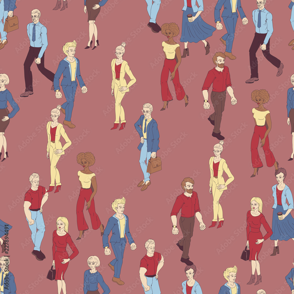 Seamless pattern with business people walking. Cartoon style illustration with men and woman. Casual street fashion vector. Seamless pattern with business people walking. Cartoon style illustration with men and woman. Casual street fashion vector.