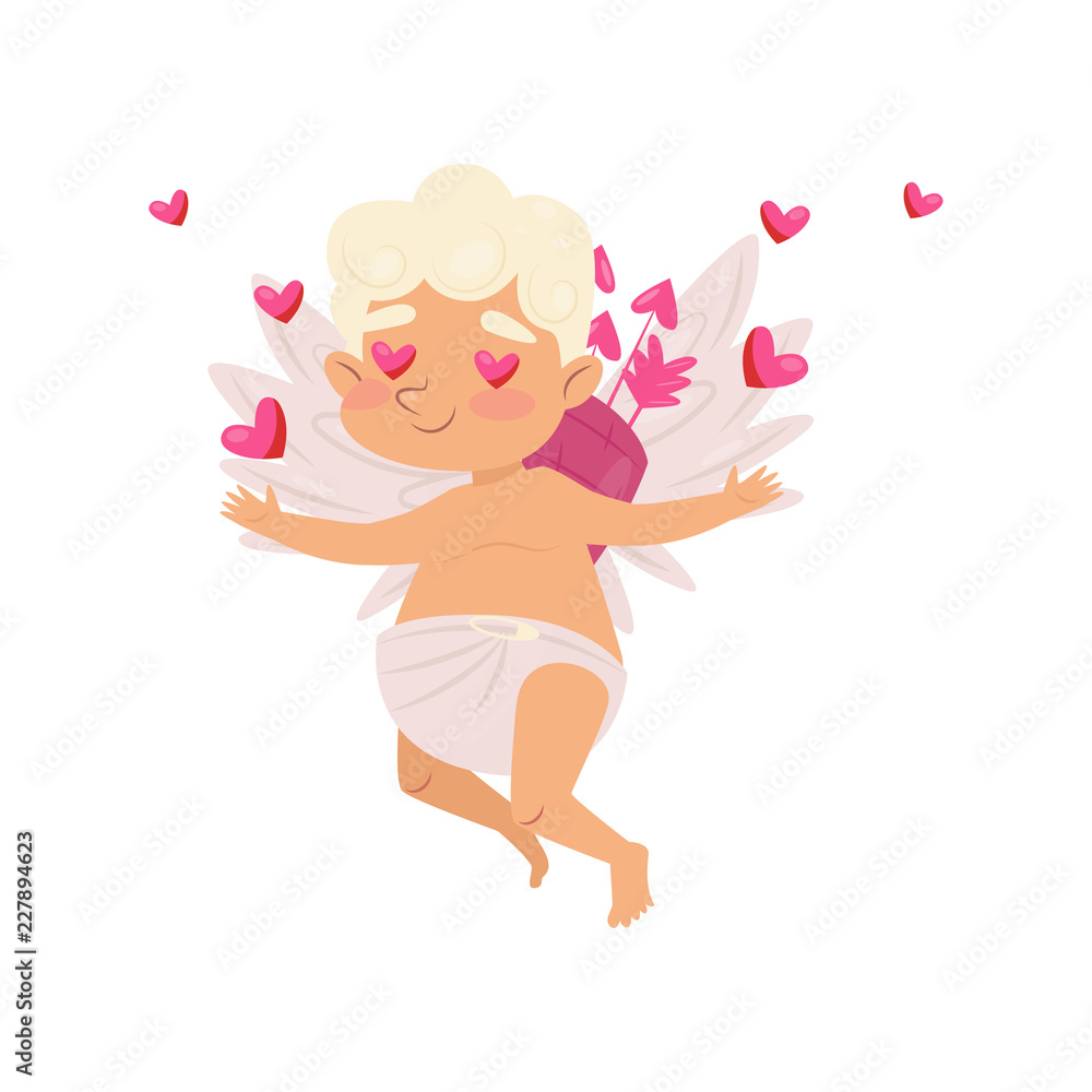 Enamored cupid in flying action. Angel of love. Cartoon character of baby boy with little wings. Flat vector design Enamored cupid in flying action. Angel of love. Cartoon character of baby boy with little wings. Flat vector design