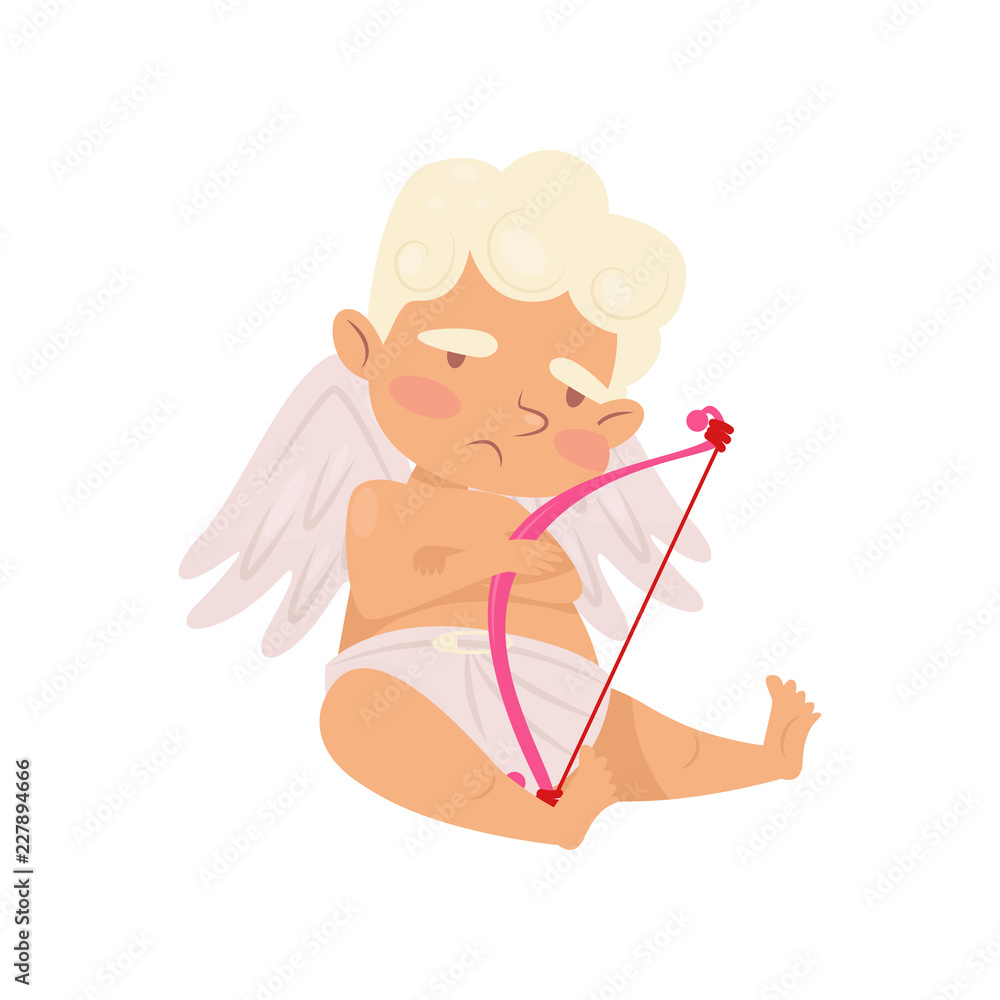 Cute angel of love sitting with sad face expression. Cartoon cupid with little wings. Baby boy with pink bow. Flat vector icon Cute angel of love sitting with sad face expression. Cartoon cupid with little wings. Baby boy with pink bow. Flat vector icon