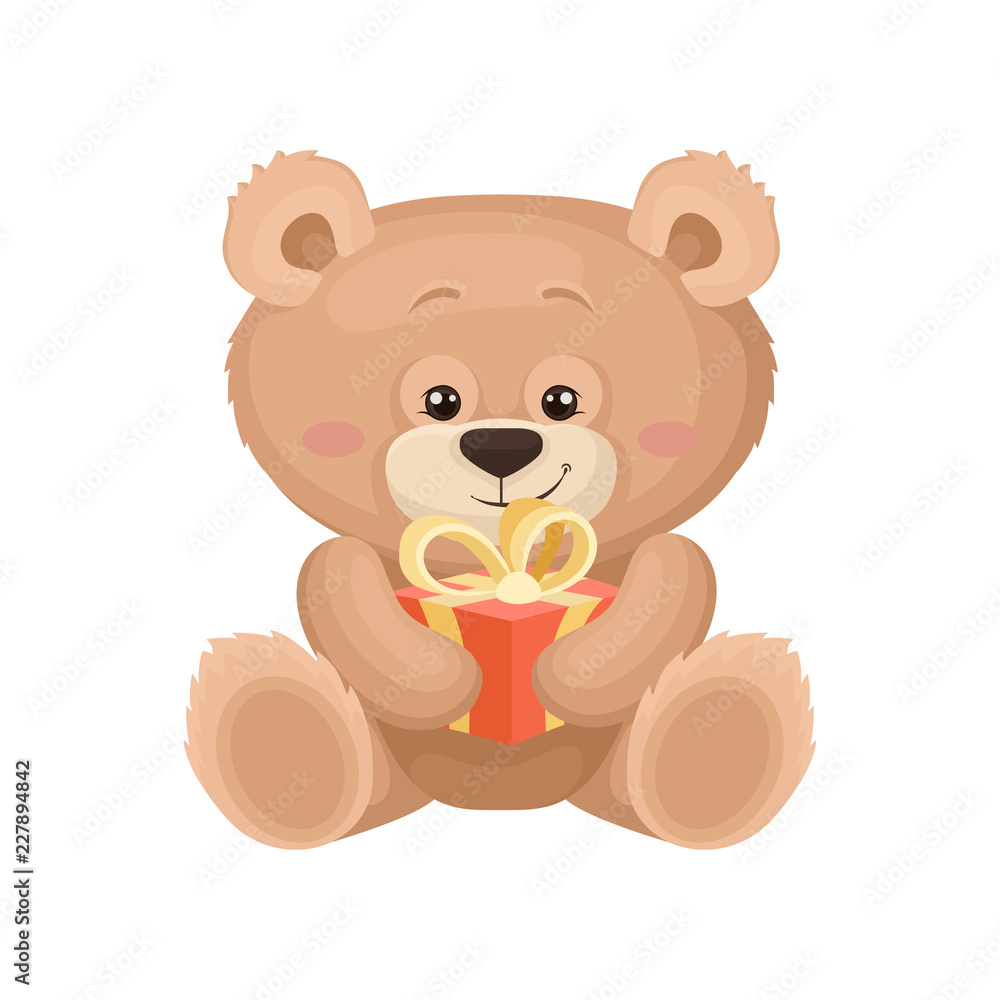 Lovely teddy bear sitting and holding small present. Gift for birthday. Plush toy. Flat vector for greeting card or poster Lovely teddy bear sitting and holding small present. Gift for birthday. Plush toy. Flat vector for greeting card or poster