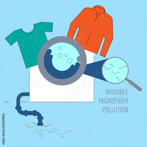 Wastewater from washing machine consist of microfibers which are invisbile and leaching into waterway. Plastic pollution concept. Vector illustration.