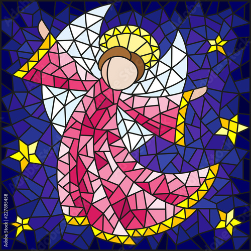 Illustration in the style of a stained glass window abstract angel in pink robe on a background of sky and stars