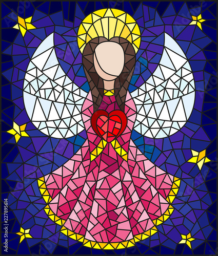 Illustration in the style of a stained glass window abstract angel in pink robe with heart in hands on a background of sky and stars
