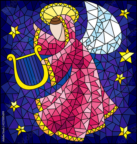 Illustration in the style of a stained glass window abstract angel in pink robe with a harp in his hands at the sky and stars