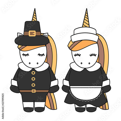 cute cartoon vector pilgrim unicorns couple isolated on white background thanksgiving illustration