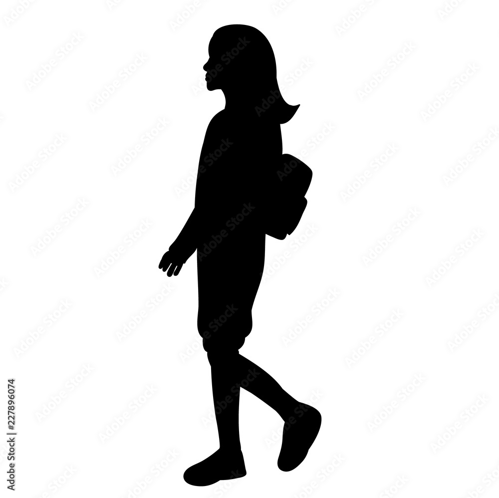 vector, on white background, isolated, silhouette girl with backpack going