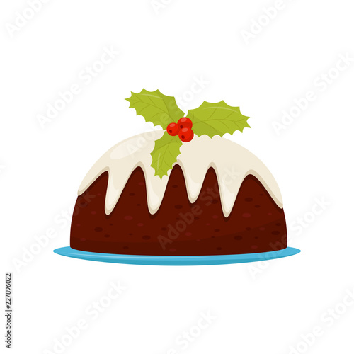 Traditional Christmas pudding with cream and red berries with green leaves. Delicious holiday dessert. Flat vector design