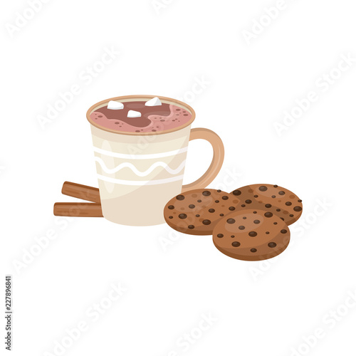 Cup of hot chocolate with marshmallow, cookies and cinnamon sticks. Traditional Christmas drink and snacks. Flat vector design