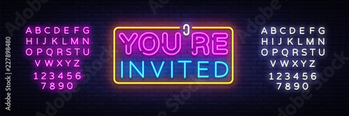 You're Invited neon text vector design template. Neon logo, light banner design element colorful modern design trend, night bright advertising, bright sign. Vector. Editing text neon sign