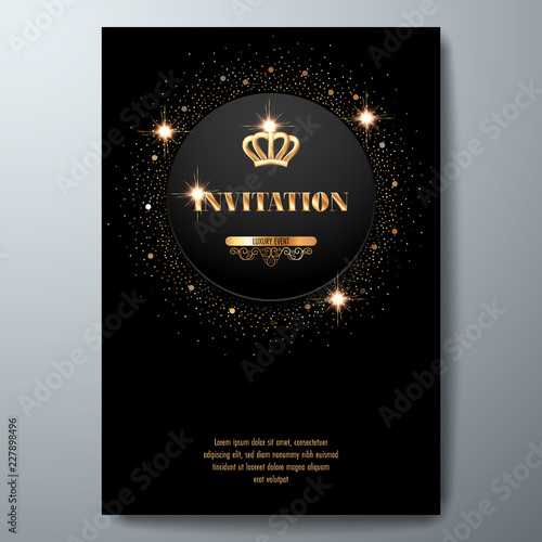 VIP invitation template with golden crown and sparkling confetti on black background