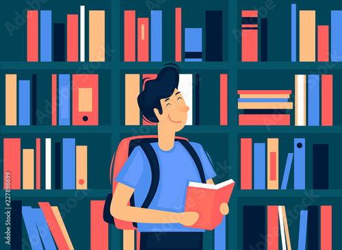 Guy in the library holds a book. Flat design vector illustration