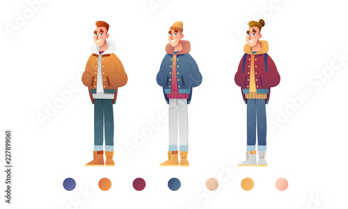 Handsome flat design set template with vector boys in winter clothes in cartoon style. Christmas banner elements.