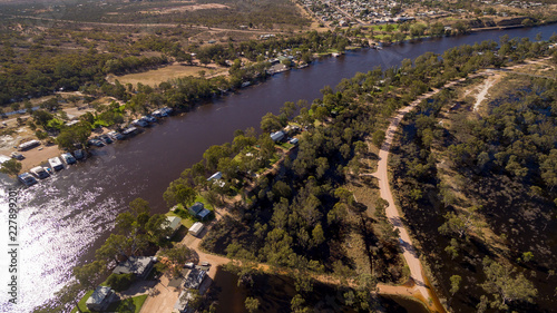 Oblique Aerial view of the Murray River at Morgan in South Australia in flood in December 2016