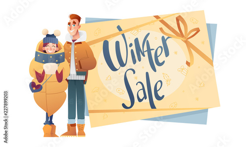 Girl and boy in winter clothes in cartoon style with banner about the sale. Beautiful vector flat design set template. Christmas flyer elements.